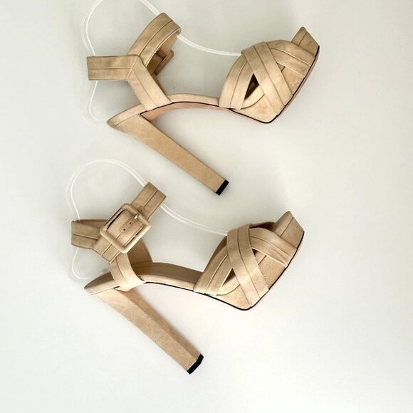 GUCCI Nude Suede Ankle Strap Chunky Heel Platform Sandals Size 38 (US 8) - Picture 5 of 14